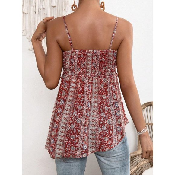 Asymmetrical Hem Floral Print Frill Trim Cami Top - Picture 2 of 7